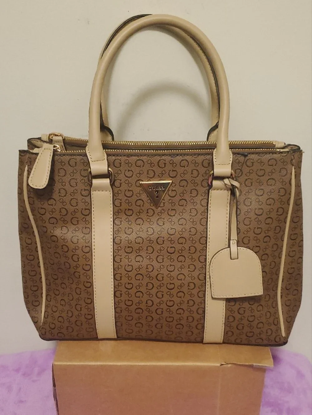 GUESS Brown Monogram Satchel with Cream Trim and Gold Hardware